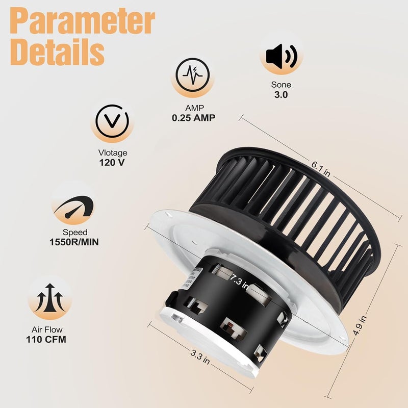 Brvclon متوافق مع Nutone QT-110N-B، QT-80-N-B، QT-90N-B، QT-9093، QT-100L، QT110N، QT80، محرك مروحة الحمام، 110CFM، 3.0Sones محرك مروحة الحمام وعجلة النفخ، استبدال لرقم المحرك S0695B000، S0696B000 - Image 3
